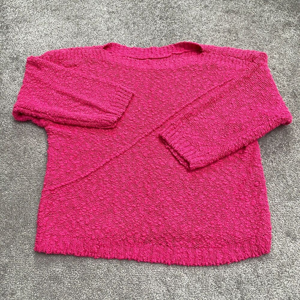 Popcorn Pullover Sweater Womens Large Hot Pink Crew Neck Knit Casual Stretch
